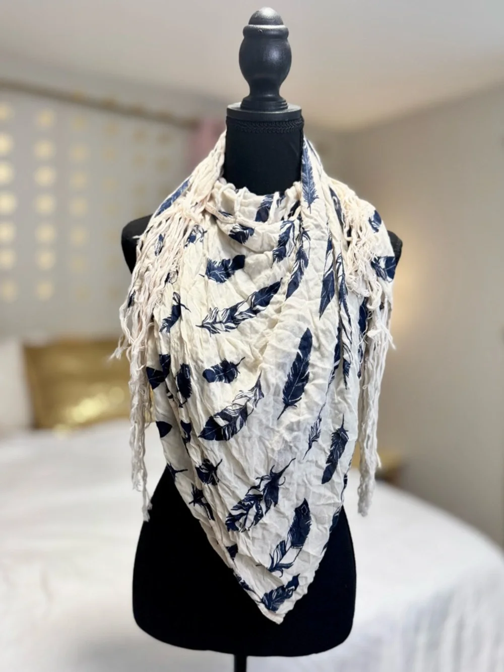 Cream Navy Feather Print Fringe Scarf Lightweight Boho Wrap - Picture 2 of 5